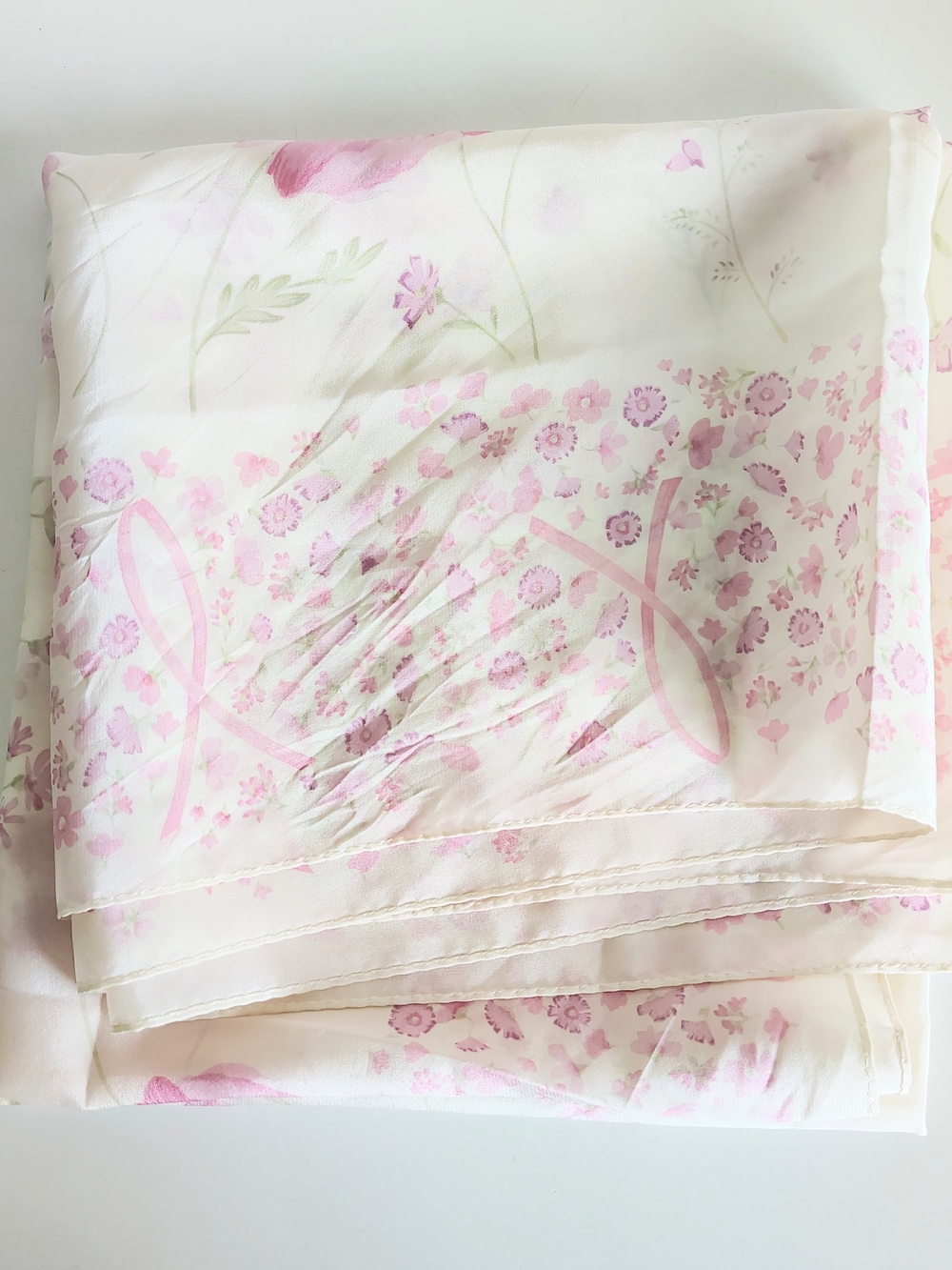 Accessory Street Off-White and Pink Floral Ribbon 34" Square 100% Silk Scarf